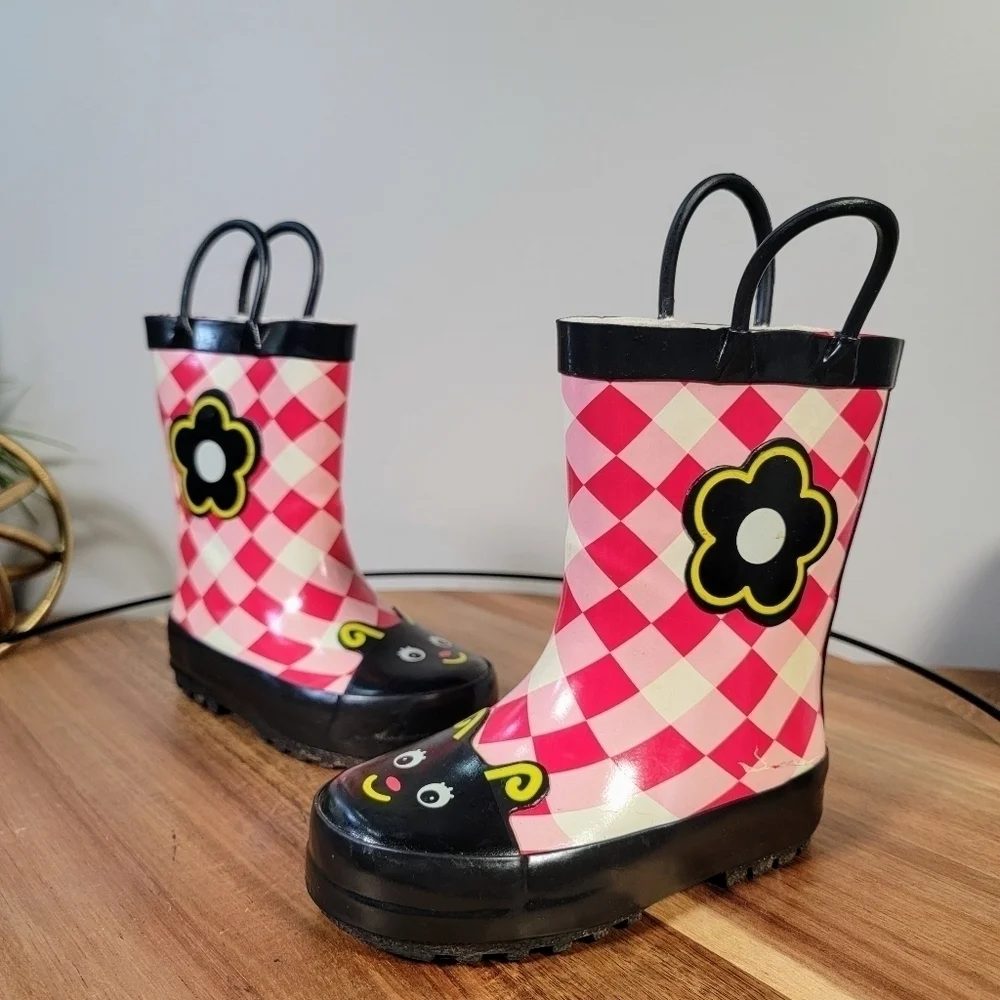 Kids Rain boots Flower Ladybug Gingham Picnic Checkerboard Size 5.5